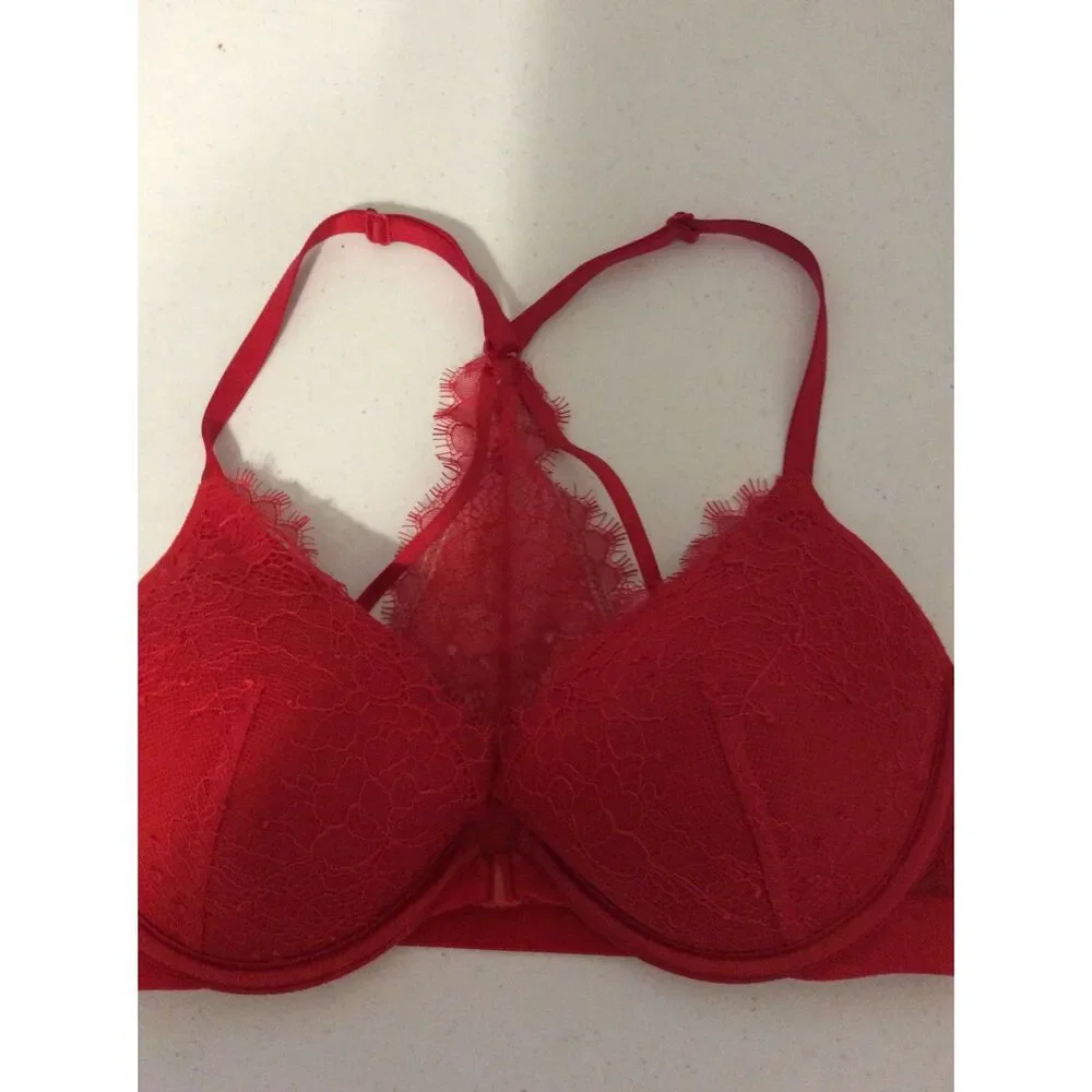 Victoria's Secret Very Sexy Plunge Lacey Red Bra 32D Cross Back Adjustable VNC